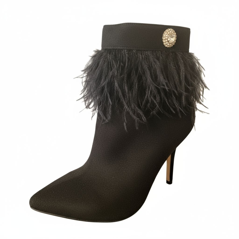 FSJ Black Feathered Ankle Boots with Rhinestone Accent